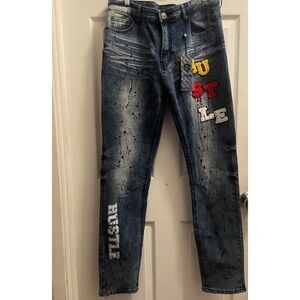 Men's Encrypted  Acid Wash Paint Splatter Legend Distressed Skinny Jeans 34x32